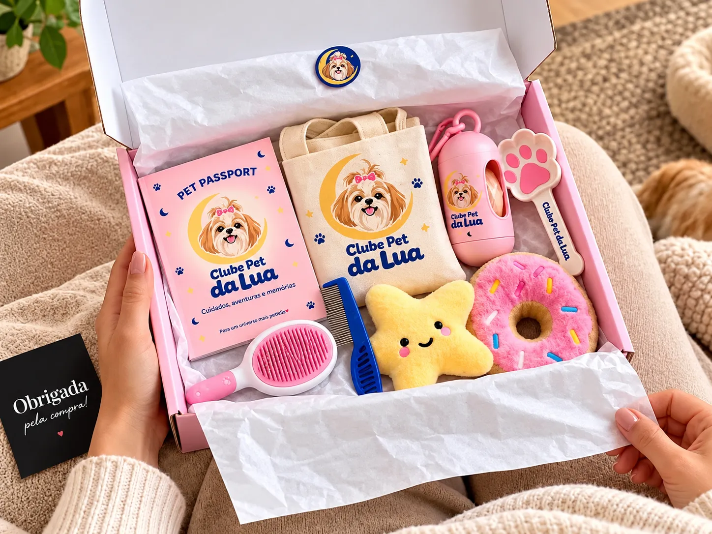 Box Amor Lunar aberta com brinquedos, itens de cuidado e Passaporte Pet