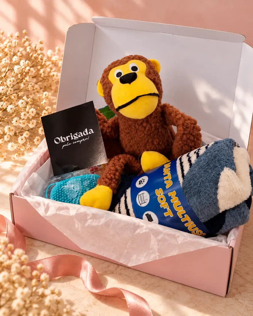 Box rosa aberta com brinquedos, pelúcia e cartão de agradecimento