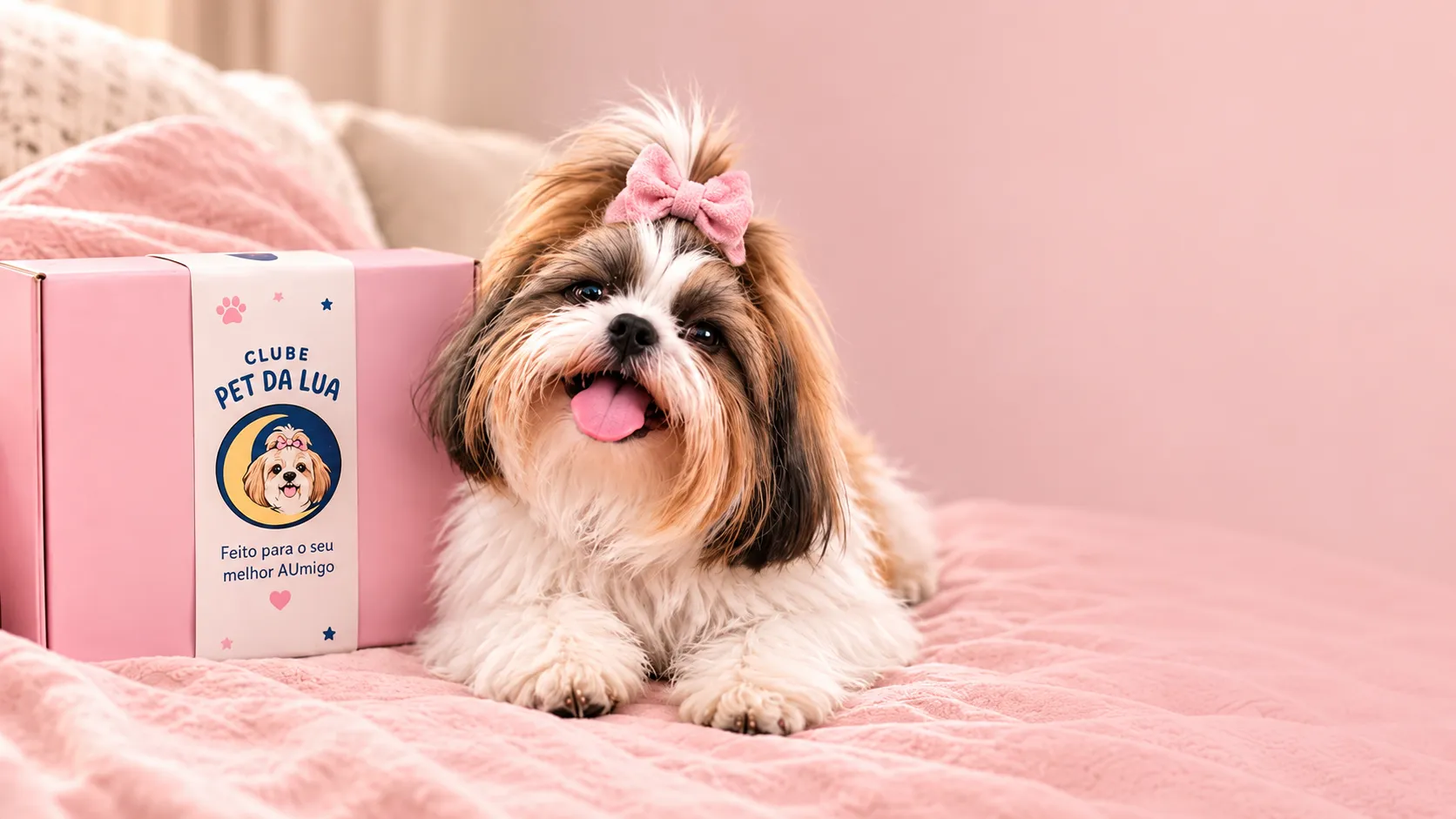 Cachorrinho com laço rosa ao lado de uma box do Clube Pet da Lua