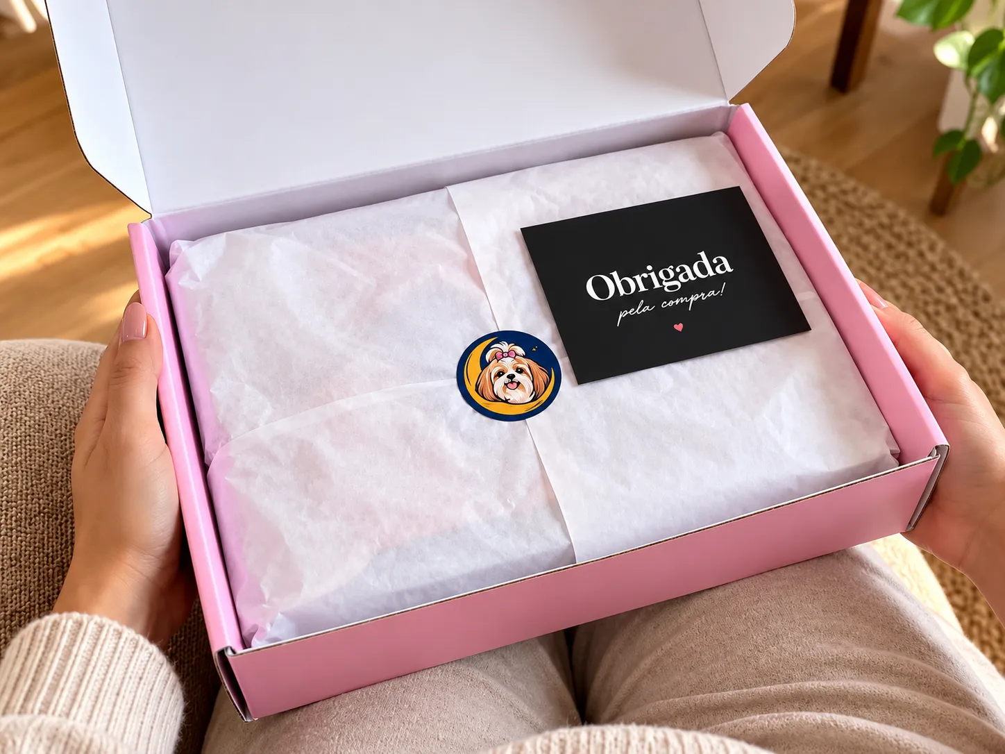 Box rosa com papel de seda, lacre e cartão de agradecimento